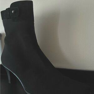 Stuart Weitzman Black Suede Ankle Boot with Kitten Heel
